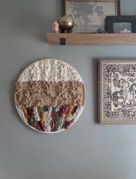 Handwoven Round Wall Hanging - Neutral & Rainbow Soumak Ooak Specterandashe Handmade Original - thumbnail 1