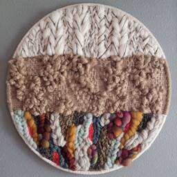 Handwoven Round Wall Hanging - Neutral & Rainbow Soumak Ooak Specterandashe Handmade Original - thumbnail 2