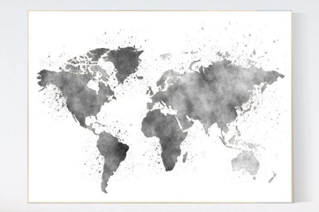Watercolor World Map Print Gray Nursery Wall Art - image 1