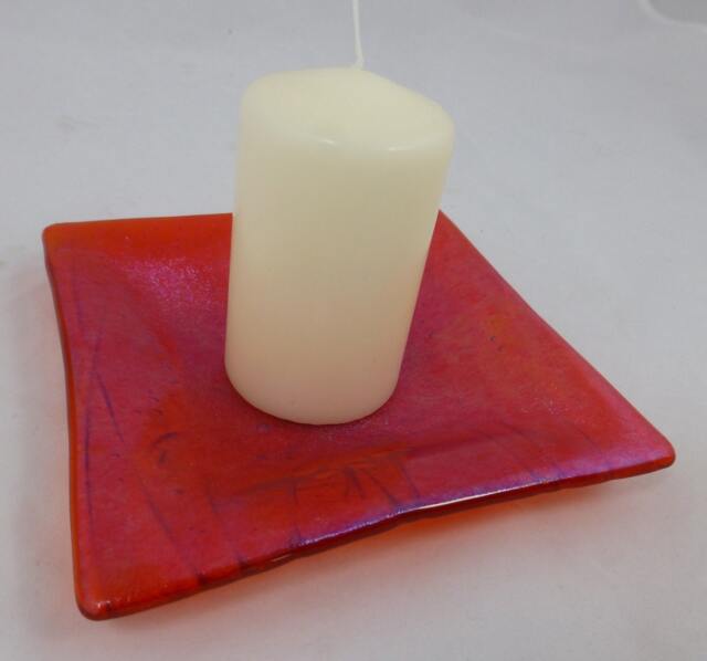 Hand Crafted Glass Dish With Butterfly Embossed Imprint With Candle - Iridescent Orange Made Gift Christmas Gift - image 1
