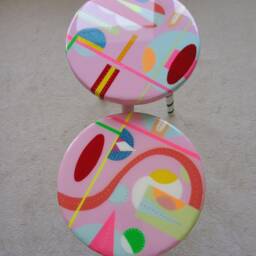 Modern Small Pink Resin Side Tables, Round Wood Boho Epoxy Abstract Art Coffee Table - thumbnail 3