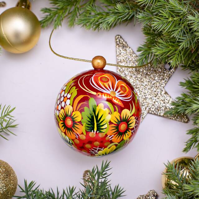 Small Hand Painted Christmas Balls With Butterfly Made Of Wood - Openable Ball in Ukrainian Style Decorations - image 1