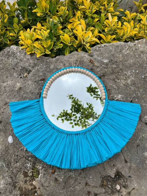 Handmade Blue Raffia Sunburst Mirror, Coastal Wall Decor - 15.7 - image 1