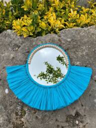 Handmade Blue Raffia Sunburst Mirror, Coastal Wall Decor - 15.7