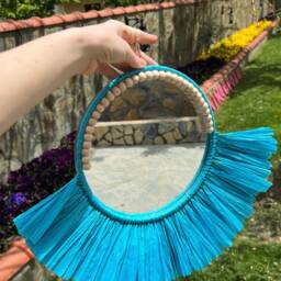 Handmade Blue Raffia Sunburst Mirror, Coastal Wall Decor - 15.7 - thumbnail 2