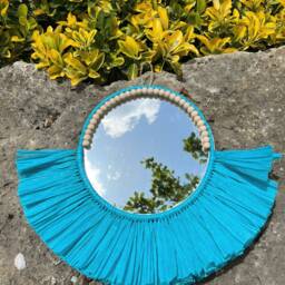 Handmade Blue Raffia Sunburst Mirror, Coastal Wall Decor - 15.7 - thumbnail 4