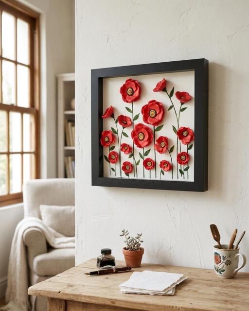 Red Poppy Wall Art 3D Ceramic Flower Wood Frame 12x12, Handmade Floral Home Decor, Botanical Relief Sculpture, Unique Gift For New - image 1