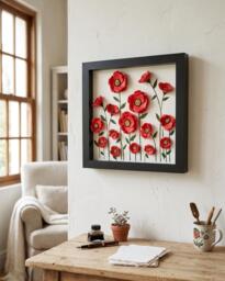 Red Poppy Wall Art 3D Ceramic Flower Wood Frame 12x12, Handmade Floral Home Decor, Botanical Relief Sculpture, Unique Gift For New