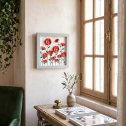 Red Poppy Wall Art 3D Ceramic Flower Wood Frame 12x12, Handmade Floral Home Decor, Botanical Relief Sculpture, Unique Gift For New - thumbnail 4
