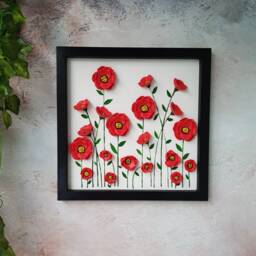 Red Poppy Wall Art 3D Ceramic Flower Wood Frame 12x12, Handmade Floral Home Decor, Botanical Relief Sculpture, Unique Gift For New - thumbnail 3