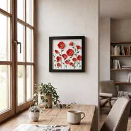 Red Poppy Wall Art 3D Ceramic Flower Wood Frame 12x12, Handmade Floral Home Decor, Botanical Relief Sculpture, Unique Gift For New - thumbnail 2