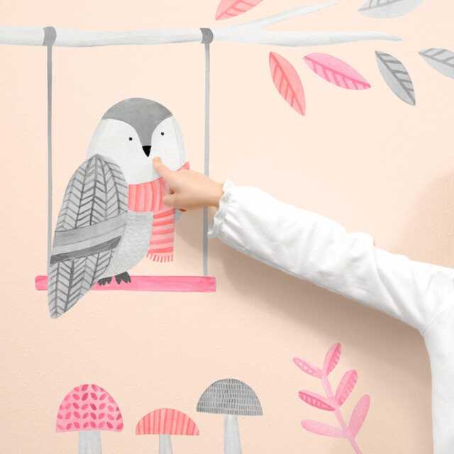 Watchful Owl - Fabric Wall Decal Woodland Pink Collection Mej - image 1