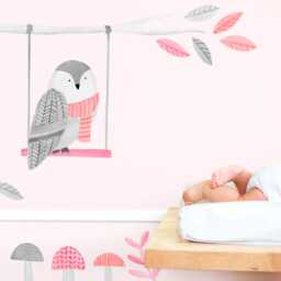 Watchful Owl - Fabric Wall Decal Woodland Pink Collection Mej - thumbnail 3