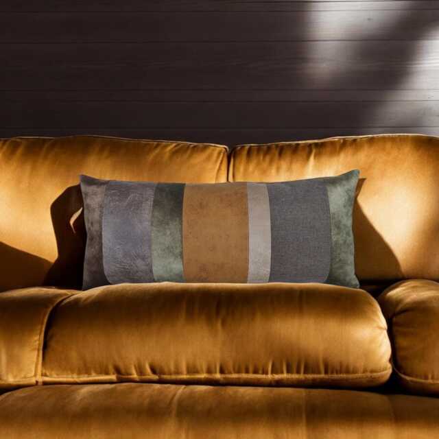 Mid Century Lumbar Pillow Cover Segmented Faux Leather & Velvet, 13x31.5 Inch - image 1