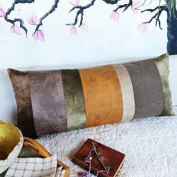 Mid Century Lumbar Pillow Cover Segmented Faux Leather & Velvet, 13x31.5 Inch - thumbnail 2