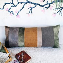 Mid Century Lumbar Pillow Cover Segmented Faux Leather & Velvet, 13x31.5 Inch - thumbnail 3