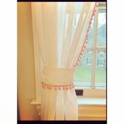 White Sheer, Pom Decor, Tassel Curtain, Sheers , Nursery Little Girls Bedroom, Curtains, Drapes, Boho Decor - thumbnail 2