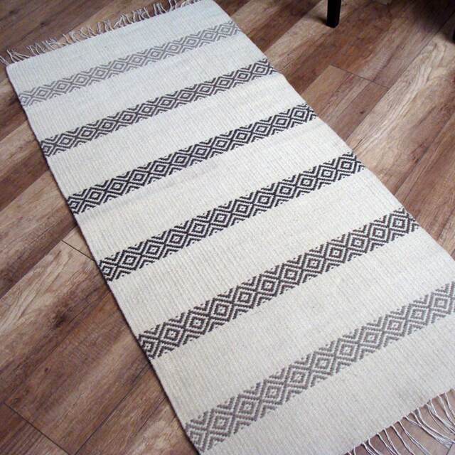 Handwoven Wool Rug Runner Scandinavian White With Brown Stripes - image 1