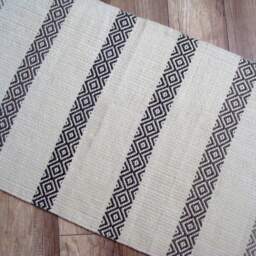 Handwoven Wool Rug Runner Scandinavian White With Brown Stripes - thumbnail 2