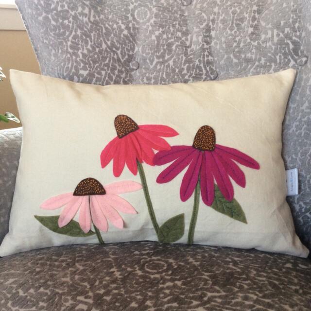 Cone Flower Pillow Cover, Hot Pink Floral Applique, Summer Felt Patch Cushion - image 1