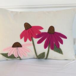 Cone Flower Pillow Cover, Hot Pink Floral Applique, Summer Felt Patch Cushion - thumbnail 2