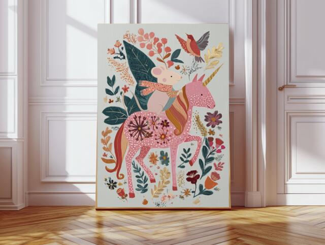 Cute Mouse Unicorn Nursery Print, Baby Art Art, Whimsical Animal Pink Girl's Room Decor, Kids Art Print - image 1