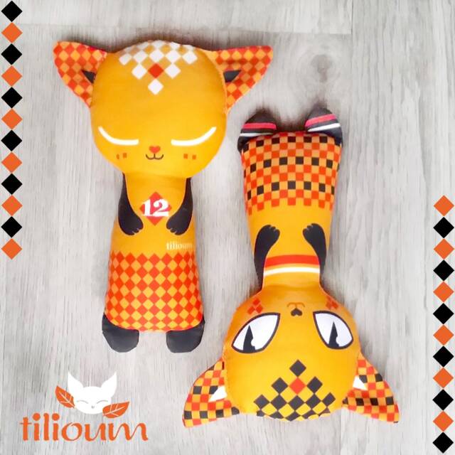 Rattle Cat Orange Ecological Toy 100% Organic Cotton Fabric Illustrated Recto Verso, Cuddly Kitten Two Faces, Birth Gift Mixte Baby - image 1