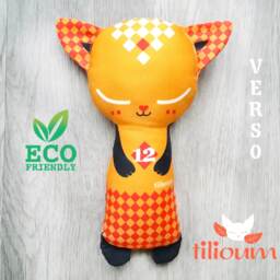 Rattle Cat Orange Ecological Toy 100% Organic Cotton Fabric Illustrated Recto Verso, Cuddly Kitten Two Faces, Birth Gift Mixte Baby - thumbnail 3