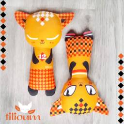 Rattle Cat Orange Ecological Toy 100% Organic Cotton Fabric Illustrated Recto Verso, Cuddly Kitten Two Faces, Birth Gift Mixte Baby