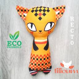 Rattle Cat Orange Ecological Toy 100% Organic Cotton Fabric Illustrated Recto Verso, Cuddly Kitten Two Faces, Birth Gift Mixte Baby - thumbnail 2