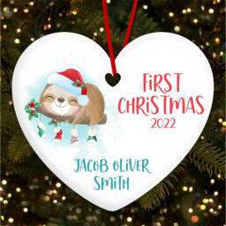 Sleeping Sloth Baby's 1st Heart Personalised Christmas Tree Ornament Decoration