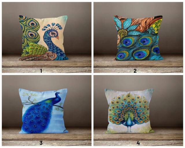 Blue & Green Peacock Cushion Case/Decorative Pillow Covers/Animal Print Pillow/Farmhouse Decor/Gift Ideas/Peacock Feather Throw - image 1