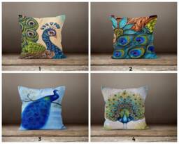 Blue & Green Peacock Cushion Case/Decorative Pillow Covers/Animal Print Pillow/Farmhouse Decor/Gift Ideas/Peacock Feather Throw - thumbnail 1