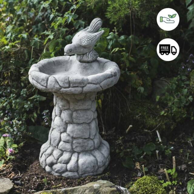 Enchanting Stone Hand Cast Pebble Design Birdbath With Bird - image 1