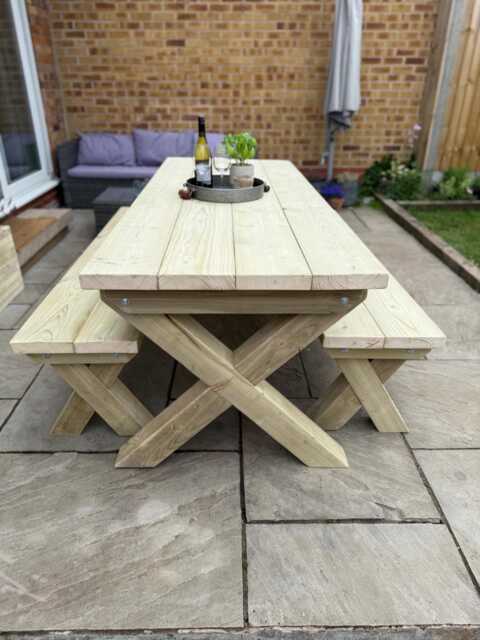 Chunky Wooden Outdoor Dining Table & Bench Set - Patio Furniture Handmade - image 1