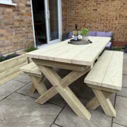 Chunky Wooden Outdoor Dining Table & Bench Set - Patio Furniture Handmade - thumbnail 2
