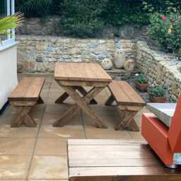 Chunky Wooden Outdoor Dining Table & Bench Set - Patio Furniture Handmade - thumbnail 4