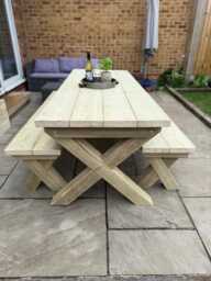 Chunky Wooden Outdoor Dining Table & Bench Set - Patio Furniture Handmade - thumbnail 1