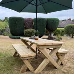 Chunky Wooden Outdoor Dining Table & Bench Set - Patio Furniture Handmade - thumbnail 3