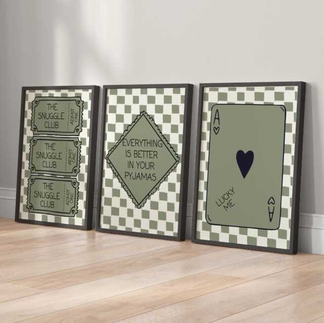 Set Of 3 Cosy Quote Prints Modern Wall Art Posters, Ticket Prints, Girly Teen Wall Art, Bedtime Quoted, Green Posters - image 1