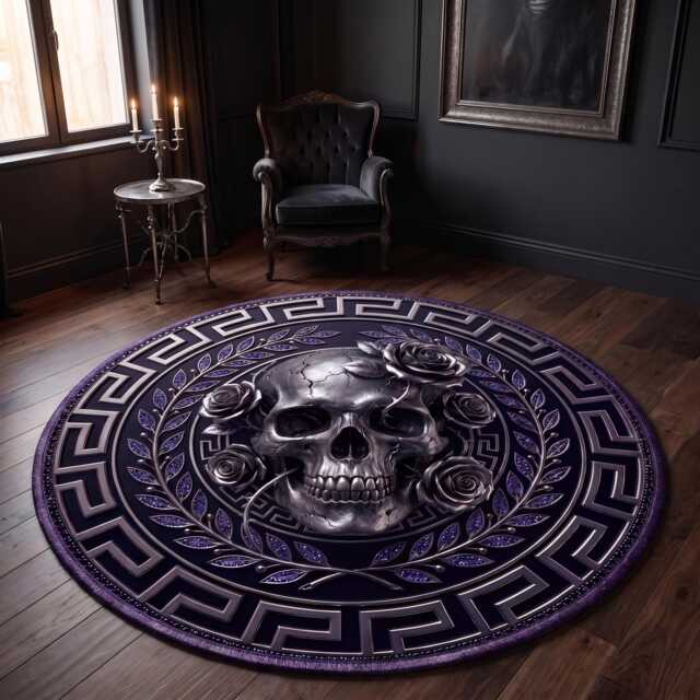 Gothic Skull Roses Round Rug, Dark Glam Metallic Silver Print, Washable Bedroom Mat - image 1