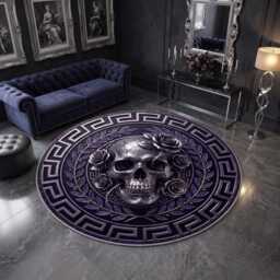 Gothic Skull Roses Round Rug, Dark Glam Metallic Silver Print, Washable Bedroom Mat - thumbnail 2