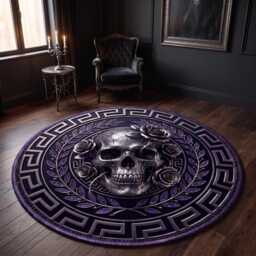 Gothic Skull Roses Round Rug, Dark Glam Metallic Silver Print, Washable Bedroom Mat
