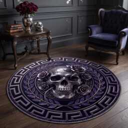 Gothic Skull Roses Round Rug, Dark Glam Metallic Silver Print, Washable Bedroom Mat - thumbnail 3