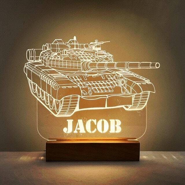 Personalised Army Tank Led Night Light With Solid Beech Wood Base - Boy's Bedroom Reading Lamp Name