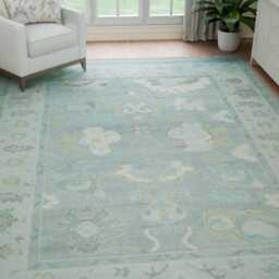 Hand Knotted Oushak Wool Rug, Blue Beige Green, Modern Fine Wooldesign Ar_3623 - thumbnail 2