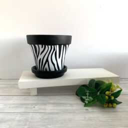 Zebra Print Plant Pot, Hand Painted Black Terracotta Planter, Home Decor, Boho Animal Print, Large Print - thumbnail 2