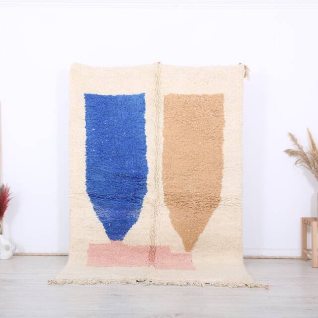 Moroccan Rug, Beni Ouarain 5x7 Ft, Fabulous White & Blue Carpet - image 1