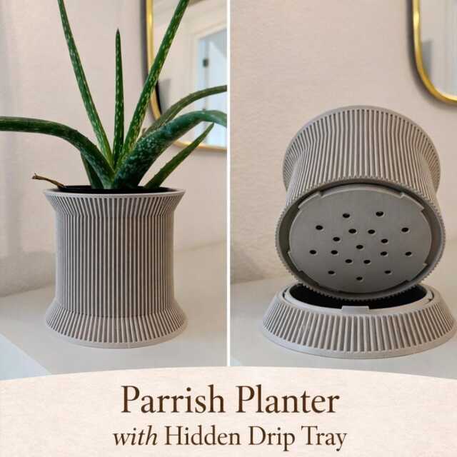 Parrish Planter With Hidden Drip Tray - Modern 3D Printed Plant Pot Minimal Ribbed Indoor - image 1