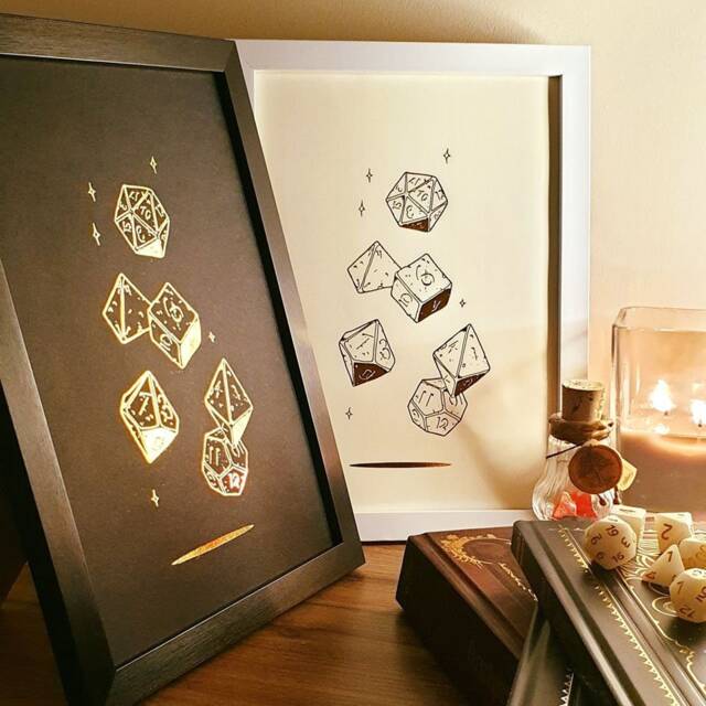 A4 Metallic Foil Dnd Falling Dice Wall Art, Fantasy Print in Copper, Gold, Silver Or Rose Gold - image 1